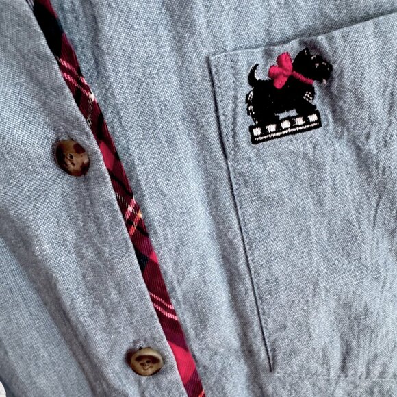 FOXCROFT Vintage 90s Chambray Red Holiday Plaid Trim Scottie Dog Embroidery Top - Picture 5 of 5
